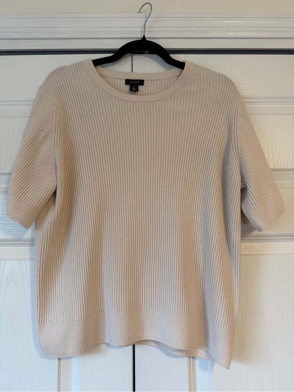 Halogen Cream Short-Sleeve Ribbed Crew Sweater